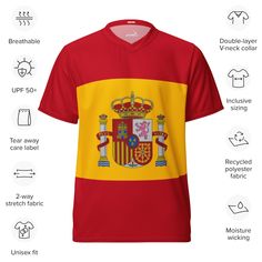 Embrace your Spanish pride with our All-Over Printed Sports Jersey This vibrant piece boasts an eye-catching design featuring iconic Spanish motifs, capturing the essence of Spanish culture and passion for sports. Crafted from high-quality materials, this jersey offers both comfort and durability, ensuring it remains a staple in your wardrobe for years to come. See more Spanisch items Ideal for various occasions, this jersey is a standout choice for sporting events such as football matches, bask Jersey Activewear For Sports Events With Crew Neck, Jersey Crew Neck Activewear For Sports Events, Sports Jersey With Graphic Print, Sports Graphic Print Jersey, Graphic Print Sports Jersey, Sporty Sublimation Print T-shirt For Sports, Graphic Print Sportswear Jersey For Sports, Sportswear Jersey With Graphic Print For Sports, Sports Fan Apparel Jersey With Graphic Print