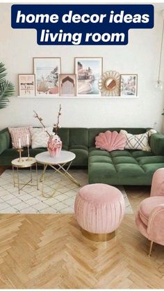 a living room with green couches and pink chairs