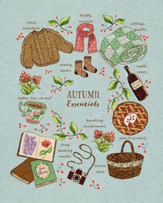 the autumn essentials are arranged in a circle with leaves and flowers around them, including boots, gloves, scarfs, coffee mugs, teapot, books and other items