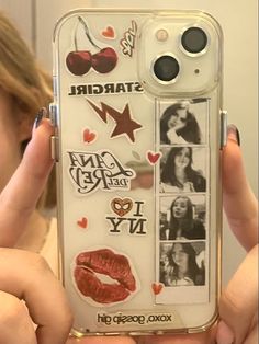 a woman holding up her phone case with pictures on the front and back of it