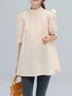 SKU CY-!124342 Material 50% Cotton Style Loose, Half Sleeves Feature Bowknot, Pleated, Solid Color Neckline Mock-neck Occasion Stylish, Leisure Fashion Seasons Spring, Summer Type Blousesshirts Tops Color Pink, White, Khaki, Brown, Black Size M, L, Size Chart: Please consult the size chart we provide for this item's measurements to help you decide which size to buy. Please note: There may be 1-3cm differ due to manual measurement. CM Bust Shoulder Sleeve Length M 90 30 36 64/72 L 94 31 37 65/73 Beige Short Sleeve Blouse, Beige Crew Neck Blouse For Work, Beige Puff Sleeve Top With Relaxed Fit, Casual Cotton Tie Neck Blouse, Plain Blouse For Daywear, Casual Cotton Tie-neck Blouse, White Tie Neck Casual Tops, Beige Puff Sleeve Tops For Daywear, Casual Beige Puff Sleeve Blouse