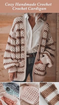 the crochet cardigan pattern is shown in three different colors, including brown and white