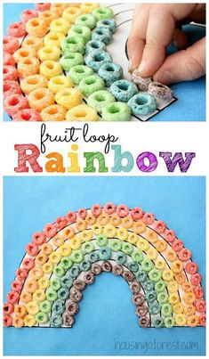 the rainbow made out of cereal krispy kreme dough is shown in two different pictures