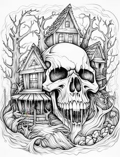 a black and white drawing of a skull in front of a tree with houses on it