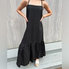 Black Maxi Dress With Straps That Can Tie 3 Different Ways Black Casual Maxi Sundress, Black Cotton Maxi Dress For Vacation, Chic Black Maxi Sundress, Black Cotton Sundress Maxi Dress, Black Maxi Dress For Casual Summer Wear, Black Cotton Vacation Dress, Chic Black Sundress For Casual Wear, Casual Black Maxi Dress For Summer, Black Cotton Midi Sundress