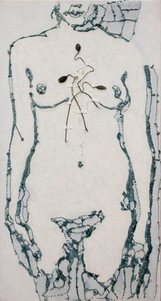 an abstract drawing of a woman's torso in blue and white ink on paper