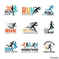 set of running logos and emblems for sports club or competition, isolated on white background