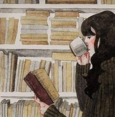 a drawing of a woman drinking from a cup in front of a book shelf filled with books