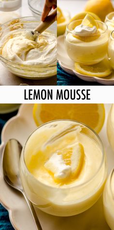 lemon mousse with whipped cream in a bowl and on a plate, before and after baking