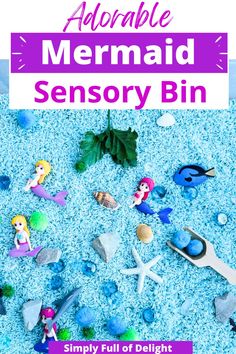 mermaid sensory bin - blue rice, mermaid toys, under the sea creatures, sea shells and more. Mermaid Sensory Bin, Mermaid Sensory, Teacher Door Decorations, Summer Preschool Crafts, Sea Activities, Mermaid Crafts, Sensory Crafts