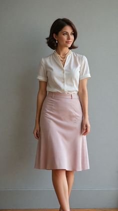 Knee Length A Line Skirt, Women Office Outfits Skirt, Skirt For Work The Office, Blouse And Skirt Outfit Formal, A Line Skirt And Blouse, Work Outfits Women Office Skirt, Classic Modest Outfits, Outfits With Knee Length Skirts, Vintage Office Outfit