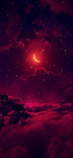 the night sky is filled with stars, clouds and a red moon in the distance