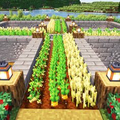 a large garden with lots of plants and lights on the side of it in minecraft