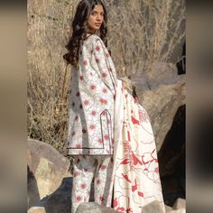 Gorgeous And Very Trendy Outfit. Beautiful Three Piece Dress. The Trousers Have Zippers On The Side. Comes With A Lovely Dupatta. Perfect Outfit White Printed Lawn Suit For Spring, Fitted Printed Lawn Suit For Spring, Spring White Printed Lawn Suit, Spring Printed Fitted Lawn Suit, Spring Fitted Printed Lawn Suit, Red Long Sleeve Lawn Suit For Spring, Red Cotton Lawn Suit For Spring, Summer White Printed Lawn Suit, Spring Red Cotton Lawn Suit