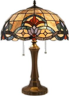 a lamp that is sitting on top of a wooden stand with a stained glass shade