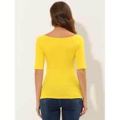 This stylish half-sleeve T-shirt boasts a flattering scoop neck and a sleek, slim fit. An essential piece for any wardrobe, this versatile top can be dressed up or down effortlessly. Pair it with your favorite jeans or denim shorts for a chic look. The stretchy, solid-color design ensures a figure-flattering fit and all-day comfort, allowing you to move with ease. Casual Fitted T-shirt With 3/4 Sleeves, Solid Color Half Sleeve Tops For Spring, Spring Solid Color Half Sleeve Tops, Spring Half Sleeve Stretch T-shirt, Spring Stretch Half-sleeve T-shirt, Spring Stretch Half Sleeve T-shirt, Stretch Solid Color Short Sleeve Top, Fitted Solid Boat Neck Tops, Solid Color Scoop Neck Short Sleeve Top For Summer