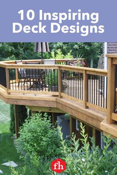 a deck that is surrounded by plants and trees with the words 10 inspiring deck designs