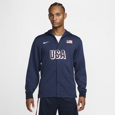 Warm up like your national team in this USA jacket. Advanced sweat-wicking tech works together with stretchy knit fabric to help keep you moving and comfortable, on or off the court. Sporty Team Logo Outerwear For Sports, Sporty Outerwear With Team Logo For Sports, Nike Outerwear For Sports Events, Collegiate Style Team-colored Track Jacket For Sports, Collegiate Track Jacket For Sports Season, Collegiate Track Jacket For Sports Events, Nike Track Jacket For Sports Events, Collegiate Style Track Jacket For Sports Events, Nike Technical Track Jacket With Moisture-wicking