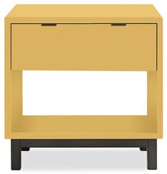 a yellow nightstand with two drawers on one side and an open drawer on the other