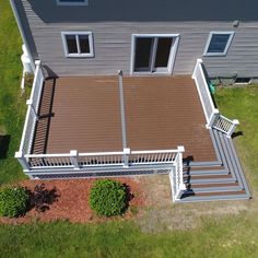 an aerial view of a deck with steps and railings