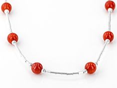 Southwest Style by JTV™ 5mm round red coral bead sterling liquid silver station necklace. Measures approximately 3/16"W. Spring ring clasp. Silver Jewelry With Red Coral And Gemstone Beads, Silver Jewelry With Round Red Coral Beads, Liquid Silver, Beaded Necklace Diy, Necklace Diy, Southwest Style, Broken Chain, Station Necklace, Pearl Strands