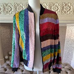 Sequence Multi Colored Stripped Jacket -Only Worn Once -Smoke Free House -Only Selling Through Poshmark Chic Multicolor Patchwork Outerwear, Multicolor Sequined Outerwear For Fall, Trendy Multicolor Sequined Outerwear, Fitted Multicolor Sequined Outerwear, Spring Party Outerwear With Patchwork, Designer Multicolor Fall Outerwear, Designer Fitted Multicolor Outerwear, Designer Multicolor Outerwear For Fall, Striped Jacket