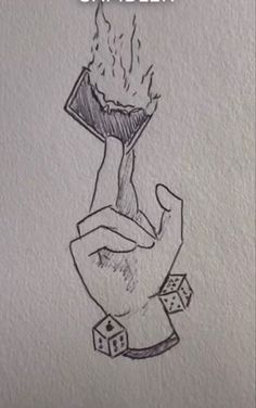 a drawing of a hand holding a dice with fire coming out of it