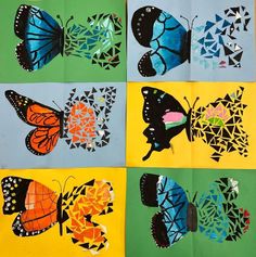 four different colored butterflies are shown on the same sheet of paper, and one has been cut