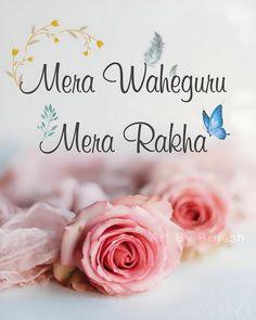 two pink roses are sitting next to the words mera waleguru meena raka