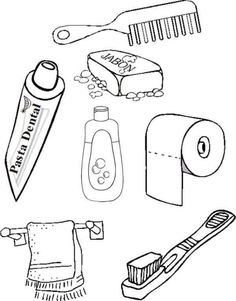 a black and white drawing of various items that include toothpaste, brush, comb, soap, toilet paper