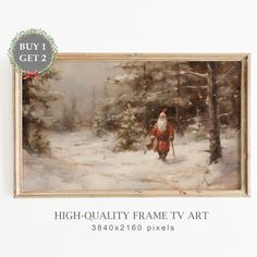 a painting of santa claus walking through the snow