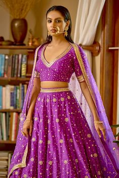 Purple attached cancan lehenga with nakshi, zardozi embroidery in floral pattern. Paired with V neck embroidered padded blouse and dupatta. - Aza Fashions Cancan Lehenga, Lehenga Pattern, Zardozi Work, Zardozi Embroidery, Work Lehenga, Padded Blouse, Dupion Silk, Silk Organza, Silk Embroidery