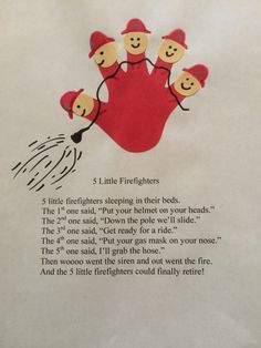 a piece of paper with an image of five little firemen on it and the text below