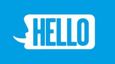 the word hello written in white on a blue background with an image of a dog's head