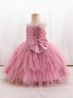 Christmas/Holiday 4-Season Toddler Girls Party Dress, Pink Tulle Layered Princess Tutu Dress Pink Party  Sleeveless Fabric Plain,All Over Print Fit and Flare Non-Stretch  Young Girls Clothing, size features are:Bust: ,Length: ,Sleeve Length: