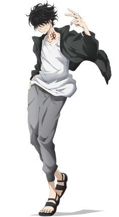 an anime character with black hair and white shirt, standing in front of a white background