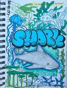 a drawing of a shark with the word sharks written in blue and green on it