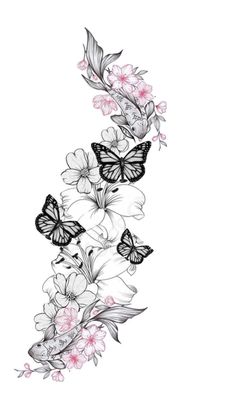 butterflies and flowers are flying in the air, with one butterfly on it's back