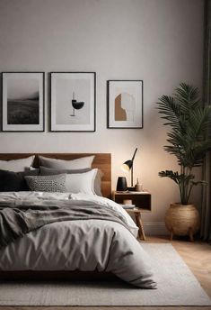 a bed sitting in a bedroom next to two framed pictures on the wall above it