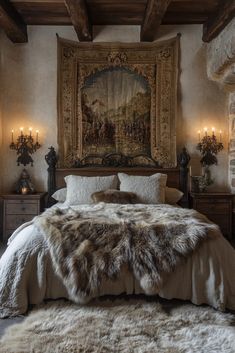 a bedroom with a large tapestry hanging above the bed and fur rugs on the floor