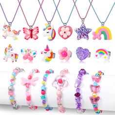 PRICES MAY VARY. 【18 Pcs Kids Bracelet Necklace Ring Set】---There are 18 pcs jewelry set include unicorn pattern, heart pattern, rainbow pattern and other different shape. The pattern of bracelet necklace and ring is one-to-one correspondence. Provide kids with different styles to meet their daily matching 【High Quality Jewelry Set】---Made of high quality material, durable, odorless, safe, resistant and environmentally friendly. Keeping you safe and happy is always our pursuit ��【Great Gift For Yo Toddler Jewelry, Unicorn Pattern, Kids Bracelets, Friendship Necklaces, Princess Birthday Party, Rainbow Pattern, Kids Jewelry, Heart Patterns, Girls Accessories