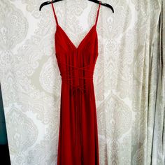 Beautiful Long Red Gown Is 100% Heavy Polyester So It Never Needs Ironing! The Long Removable ‘Belt’ Creates A Flattering Empire Waist And Adds Detail For Curves Of Any Size. Adjustable Spaghetti Straps And Side Zipper. Long And Flowy And Very Comfortable. I’m 5’5” And It Drags On The Floor Without Heels. Highly Versatile Dress For Any Event. Red Tie Back Maxi Dress For Party, Red Tie-back Maxi Dress For Party, Red V-neck Maxi Dress With Tie Back, Red Tie Back Dress For Formal Occasions, Red V-neck Dress With Tie Back, Red Tie Back Dress For Evening, Red Tie-back Dress For Evening, Red Flowy Dress, Design Dresses