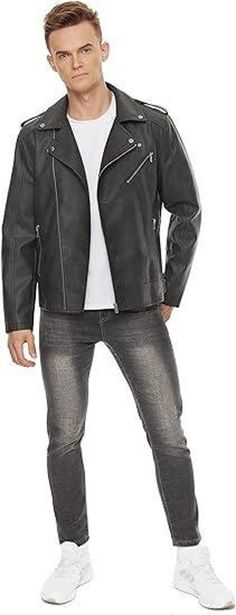 Material: The jacket is made of faux leather, offering a cruelty-free alternative to genuine leather while still maintaining a sleek, leather-like appearance. Style: It's a bomber jacket design, which generally includes a snug fit around the waist and cuffs, but it also incorporates biker jacket elements like a lapel collar and an asymmetric zip-up front. This design gives the jacket a unique, fashionable look. Features: Asymmetric Zip-Up: This refers to the zipper being slightly off-center, which is a common feature in biker jackets. It adds to the jacket's edgy, rebellious style. Lapel Collar: This type of collar adds a classic touch and is often associated with motorcycle jackets. Belt: The jacket likely includes a belt at the waist, which helps adjust the fit and adds to the biker aest Biker Coat, Leather Jacket Men, Biker Jacket, Types Of Collars, Snug Fit, Motorcycle Jacket, Zip Ups, Mens Jackets, Bomber Jacket