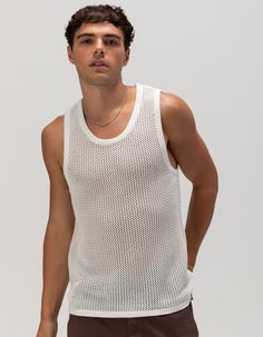 Rsq Crochet Tank Top. Allover Crochet Design. Ribbed Trims. 100% Cotton. Machine Wash. Imported. White Waffle Knit Tops For Summer, Mens Crochet, Crochet Men, Flannel Sweatshirt, Summer Formal, Graphic Trends, Crochet Tank Top, Knit Men, Crochet Tank