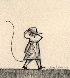 a drawing of a man in a hat and coat walking with a rat on his back