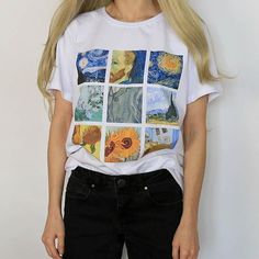 Funny Women Tshirt Tee Vogue Summer Tops Female Clothes Van Gogh Oil Print Round Neck Plus Modal Short Sleeve T shirt Women Boogzel Apparel, Grunge Shirt, Hipster Grunge, Stylish Art, Van Gogh Paintings, Moda Vintage, Mode Vintage, Vincent Van Gogh, Summer Tops