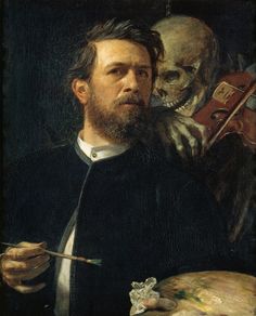 a painting of a man holding a paintbrush in front of a skull and violin