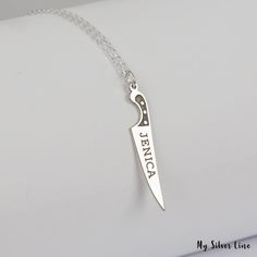 "Custom Chef Knife Necklace is made by hand in our workshop with care. All our jewelry is the most elegant choice for the Bridesmaids, friends, your loved ones and for yourself. Custom Chef Knife Necklace * Material: High Quality Solid 925 Sterling Silver. * Finish: Sterling Silver ∙ Gold ∙ Rose Gold. * All our jewelry is custom made by hand with care in our workshop. HOW TO ORDER ❓ * Select your necklace COLOR. * Choose necklace length from 14\" to 22\". The length option is the TOTAL chain len Knife Pendant, Silver Knife, Knife Necklace, Gift For Chef, Spoon Jewelry, Chef Gifts, Name Necklaces, Chef Knife, Necklace Sterling Silver