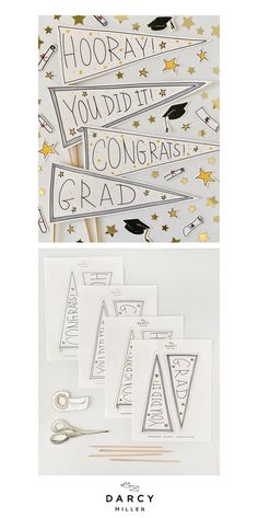 graduation party decorations with gold and silver foil on the top, and white paper in the bottom