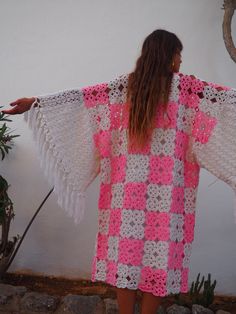 Very unique on of a kind hand made silk crochet from the 1960’s in pink and off white yarn up-cycled kimono style jacket with oversize sleeves and tassel details by Vagabond Ibiza. In perfect condition Free size Silk Crochet, Crochet Kimono, Kimono Style Jacket, Oversize Sleeves, Kimono Style, Kimono Fashion, Ibiza, Free Size, Kimono Top